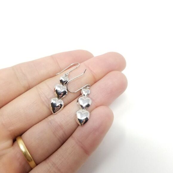 Vintage Tripple Heart Stack Silver Tone Dangle Earrings, Light Weight, Estate - Picture 1 of 5